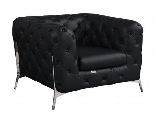45" Black And Silver Italian Leather Tufted Chesterfield Chair HomeRoots