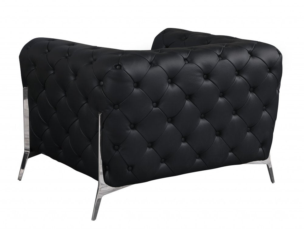 45" Black And Silver Italian Leather Tufted Chesterfield Chair HomeRoots