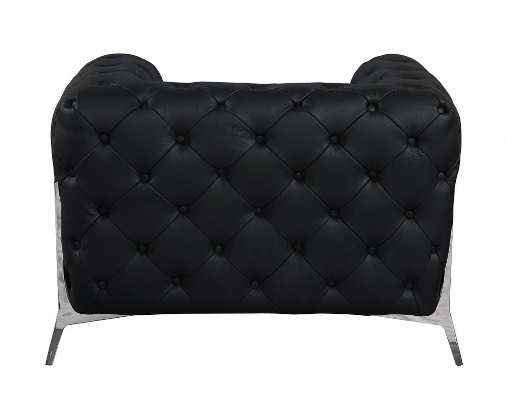 45" Black And Silver Italian Leather Tufted Chesterfield Chair HomeRoots