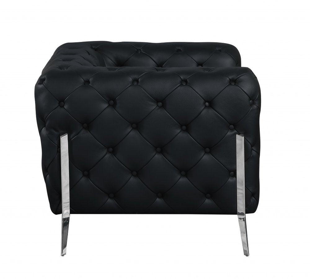 45" Black And Silver Italian Leather Tufted Chesterfield Chair HomeRoots