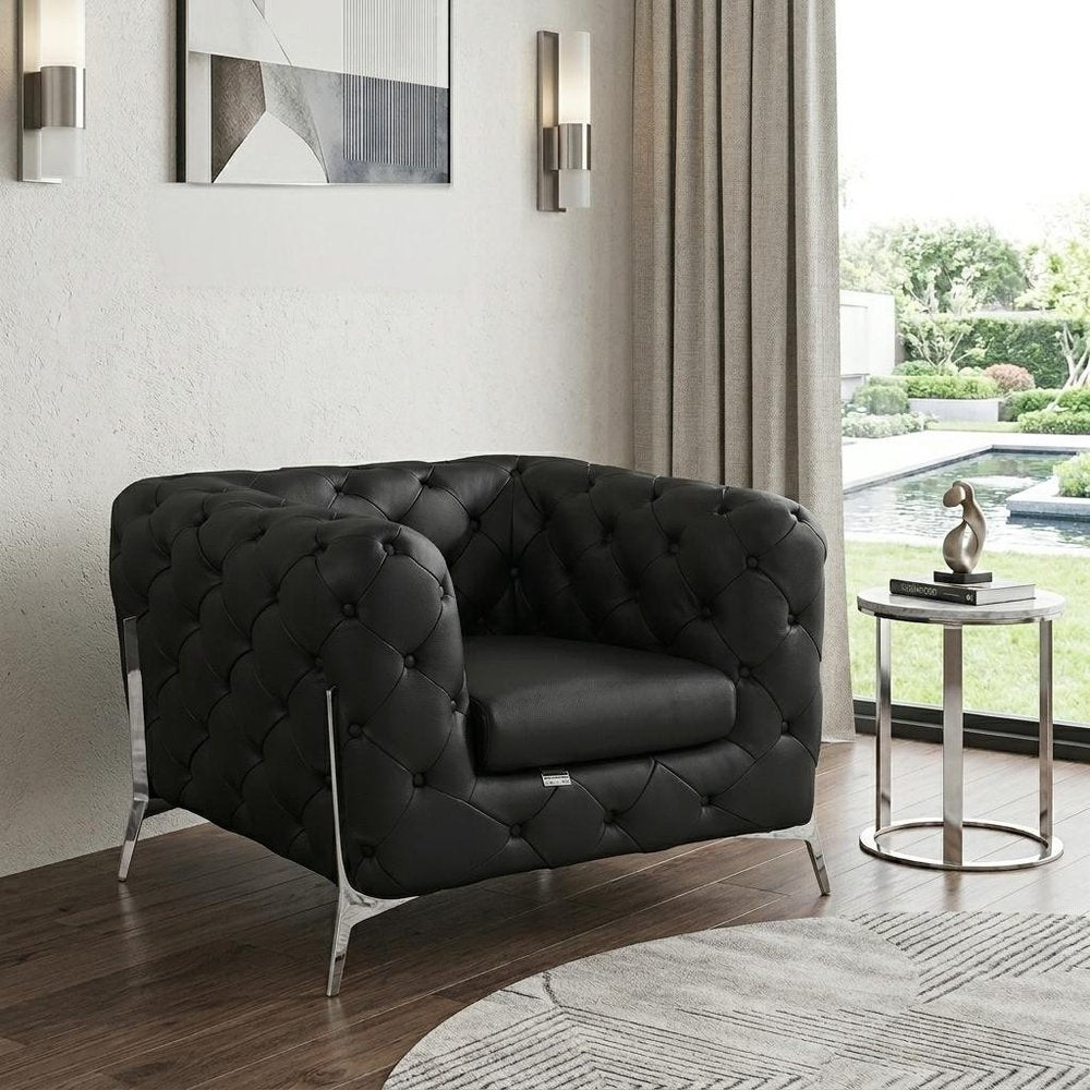 45" Black And Silver Italian Leather Tufted Chesterfield Chair HomeRoots