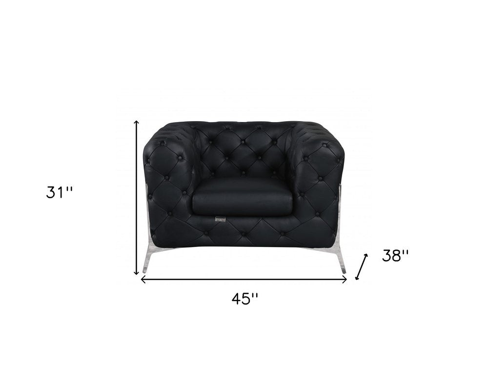 45" Black And Silver Italian Leather Tufted Chesterfield Chair HomeRoots