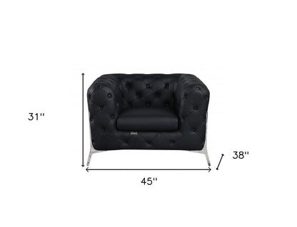 45" Black And Silver Italian Leather Tufted Chesterfield Chair HomeRoots