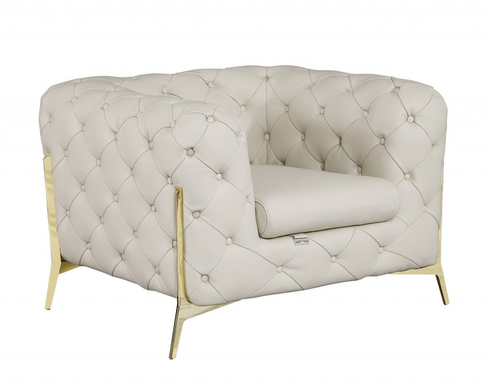 45" Beige And Gold Italian Leather Tufted Chesterfield Chair HomeRoots