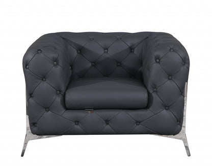 Glam Gray and Chrome Tufted Leather Armchair