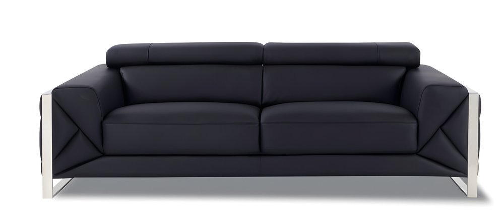 89" Black Italian Leather Sofa With Silver Legs HomeRoots