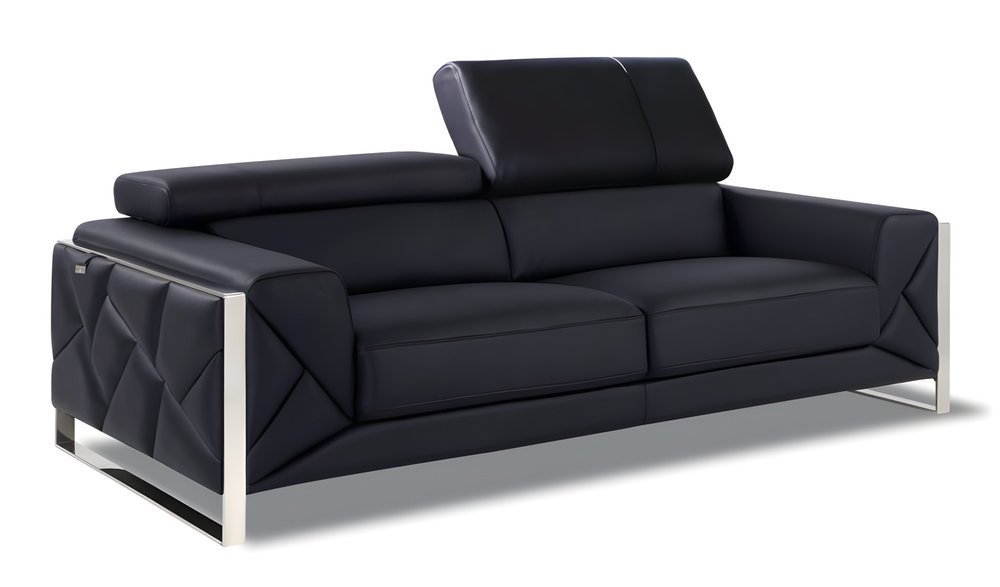 89" Black Italian Leather Sofa With Silver Legs HomeRoots