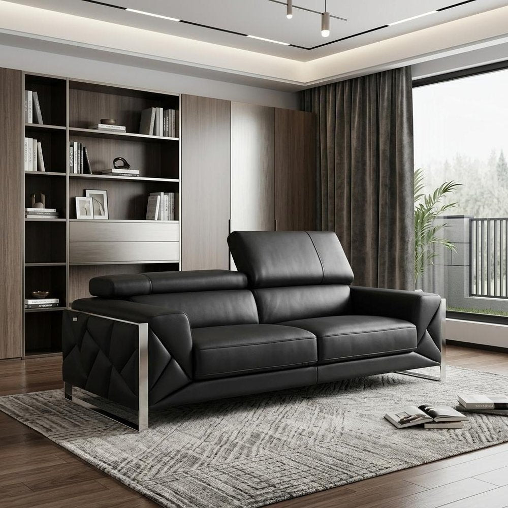 89" Black Italian Leather Sofa With Silver Legs HomeRoots
