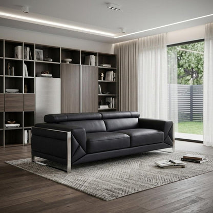 89" Black Italian Leather Sofa With Silver Legs HomeRoots