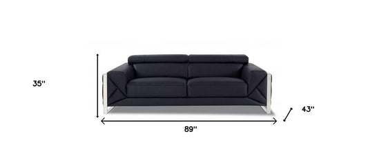 89" Black Italian Leather Sofa With Silver Legs HomeRoots