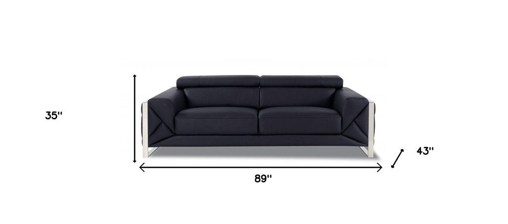 89" Black Italian Leather Sofa With Silver Legs HomeRoots