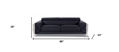 89" Black Italian Leather Sofa With Silver Legs HomeRoots