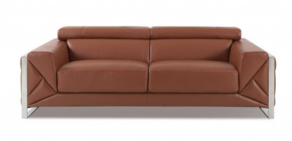 89" Camel Italian Leather Sofa With Silver Legs HomeRoots