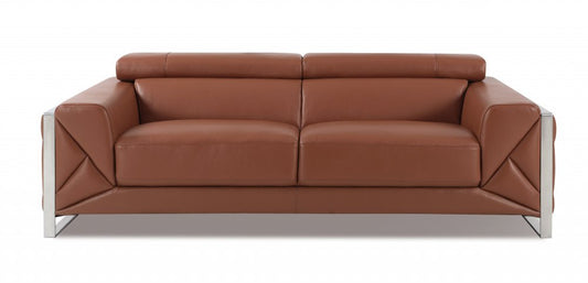 89" Camel Italian Leather Sofa With Silver Legs HomeRoots