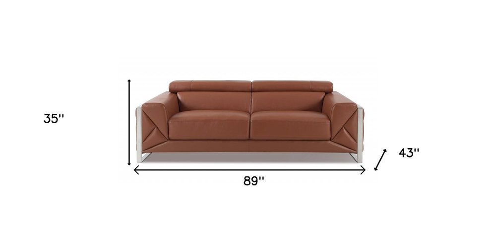 89" Camel Italian Leather Sofa With Silver Legs HomeRoots