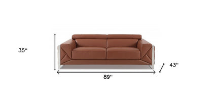 89" Camel Italian Leather Sofa With Silver Legs HomeRoots