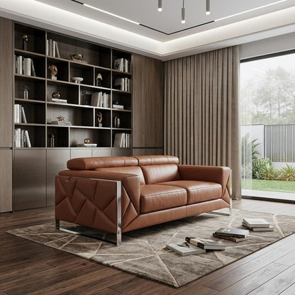 89" Camel Italian Leather Sofa With Silver Legs HomeRoots