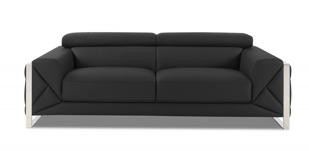 89" Dark Gray Italian Leather Sofa With Silver Legs HomeRoots