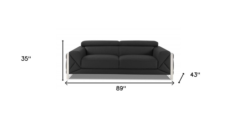 89" Dark Gray Italian Leather Sofa With Silver Legs HomeRoots