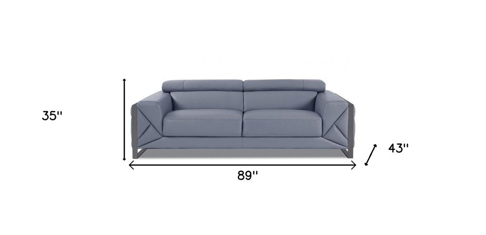 89" Light Blue Italian Leather Sofa With Chrome Legs — view 6