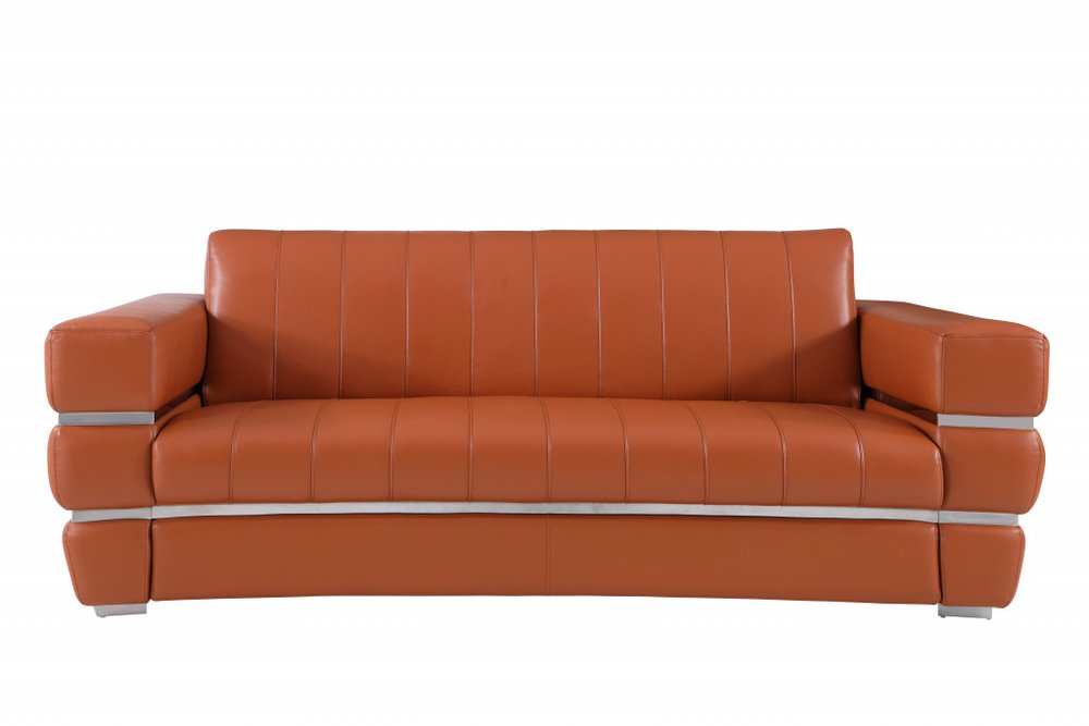 89" Camel Italian Leather Sofa With Silver Legs HomeRoots
