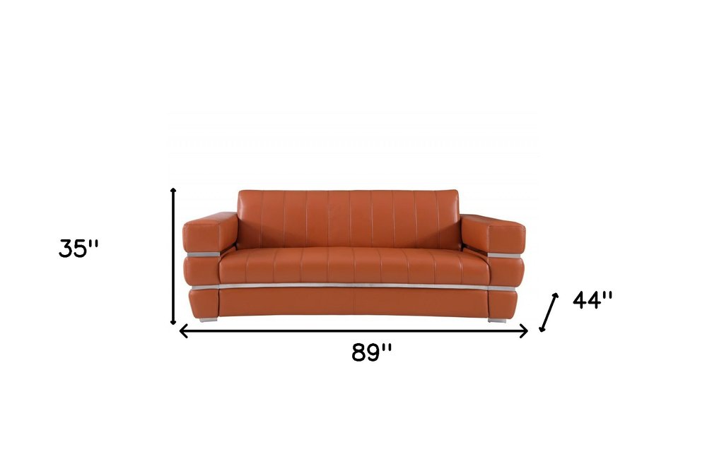 89" Camel Italian Leather Sofa With Silver Legs HomeRoots