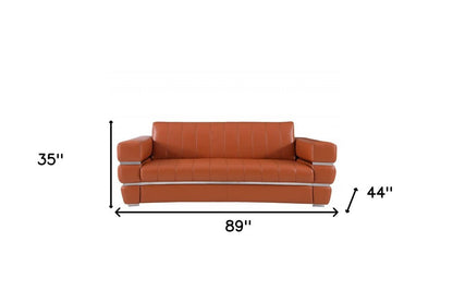 89" Camel Italian Leather Sofa With Silver Legs HomeRoots