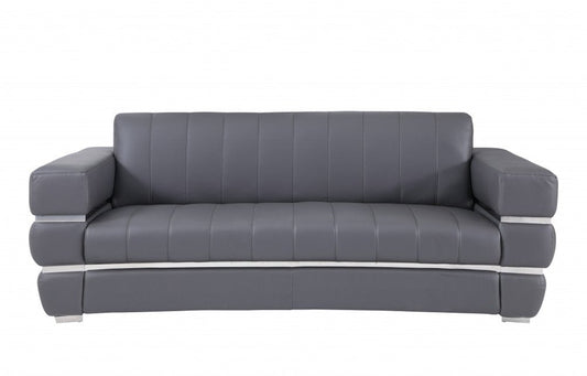 89" Dark Gray Italian Leather Sofa With Silver Legs HomeRoots