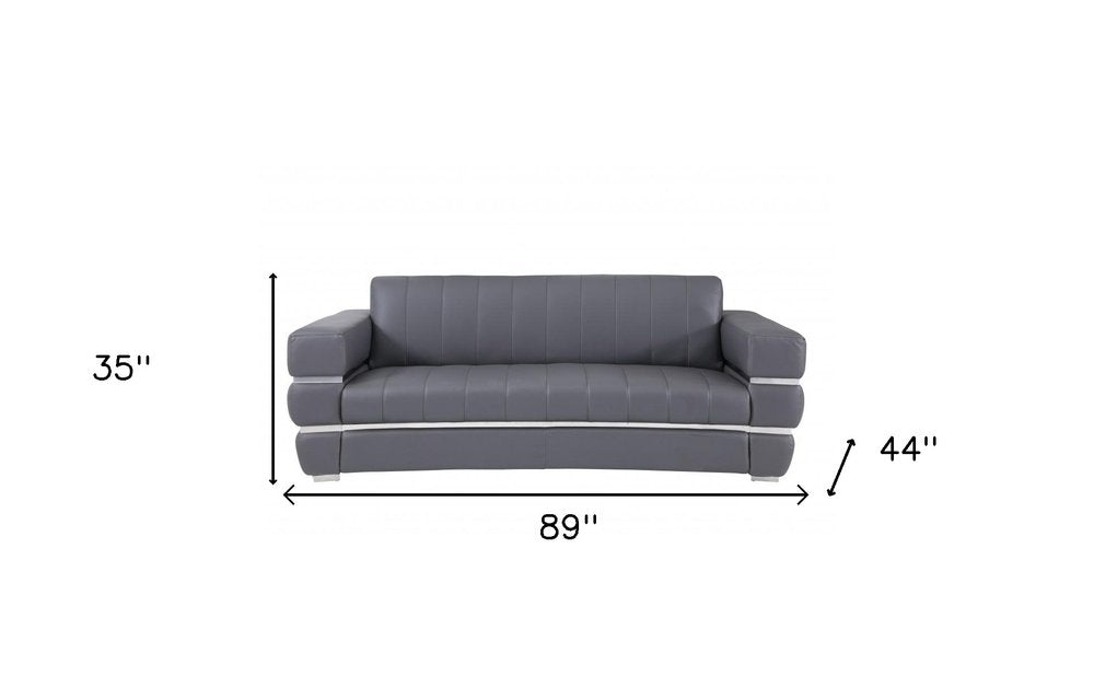 89" Dark Gray Italian Leather Sofa With Silver Legs HomeRoots