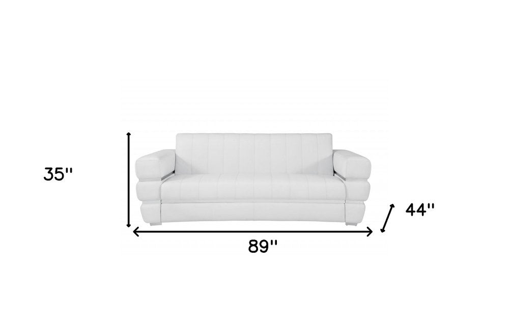 89" White Italian Leather Sofa With Silver Legs HomeRoots