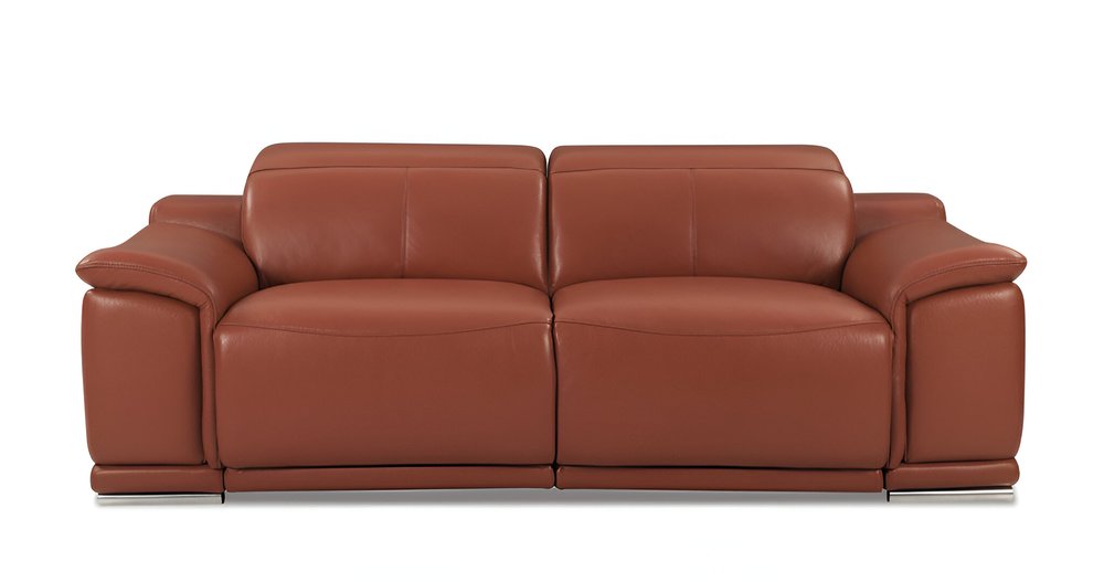 86" Camel Italian Leather USB Reclining Sofa With Silver Legs HomeRoots