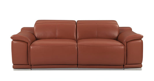 86" Camel Italian Leather USB Reclining Sofa With Silver Legs HomeRoots