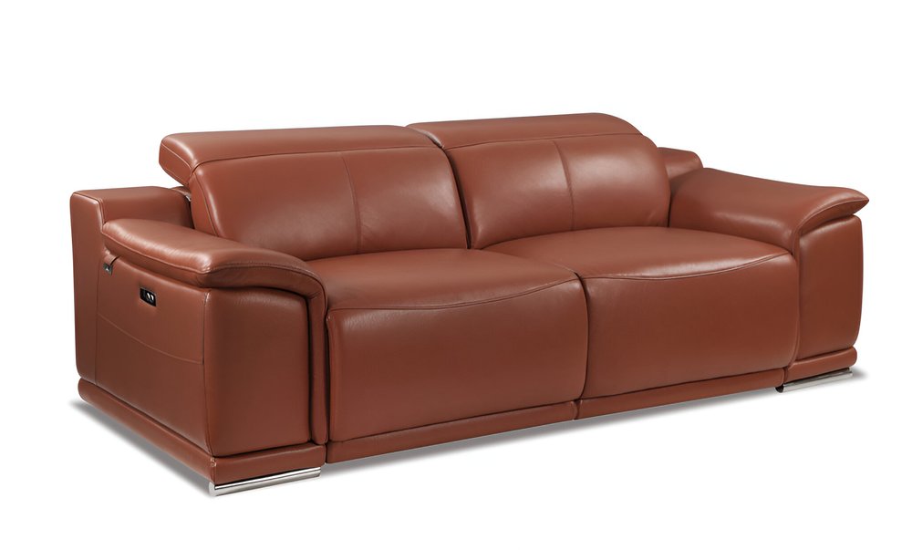 86" Camel Italian Leather USB Reclining Sofa With Silver Legs HomeRoots