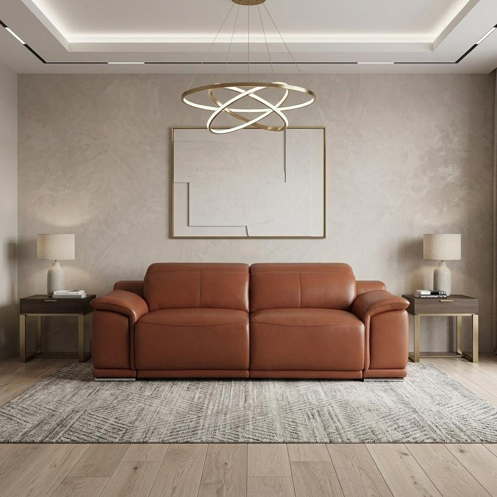 86" Camel Italian Leather USB Reclining Sofa With Silver Legs HomeRoots