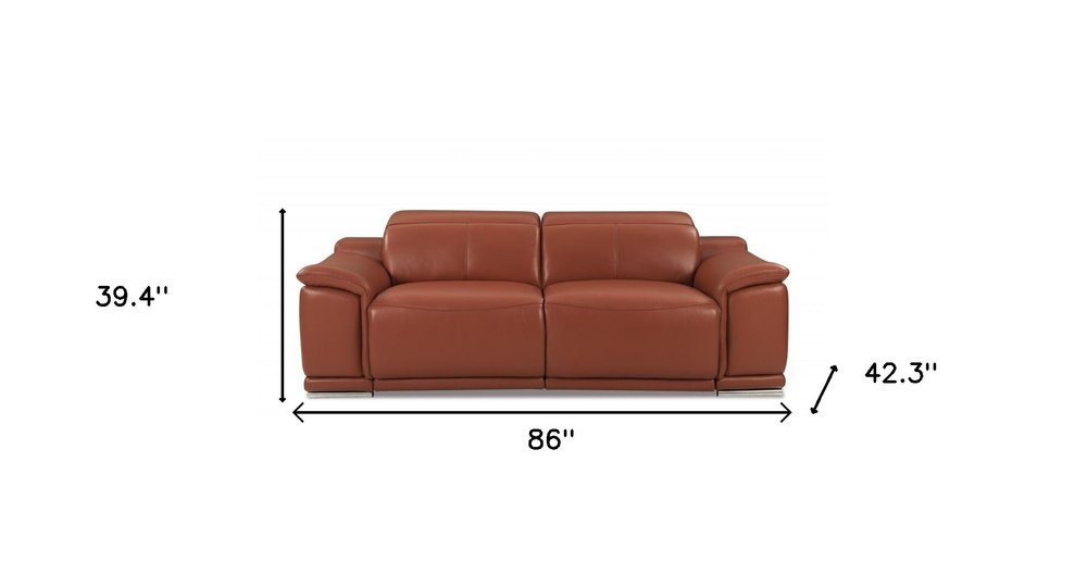 86" Camel Italian Leather USB Reclining Sofa With Silver Legs HomeRoots