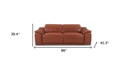 86" Camel Italian Leather USB Reclining Sofa With Silver Legs HomeRoots