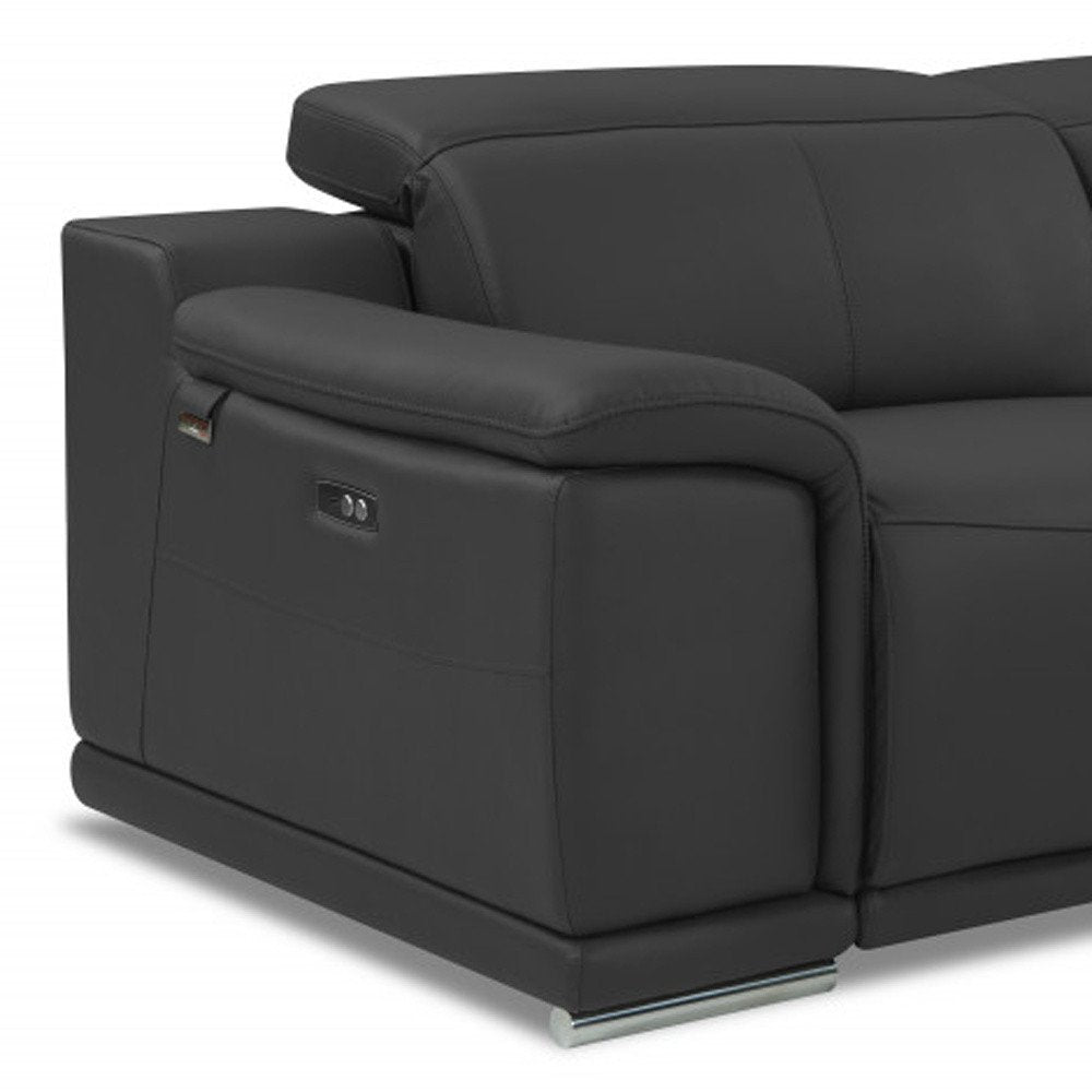 86" Dark Gray Italian Leather USB Reclining Sofa With Silver Legs HomeRoots