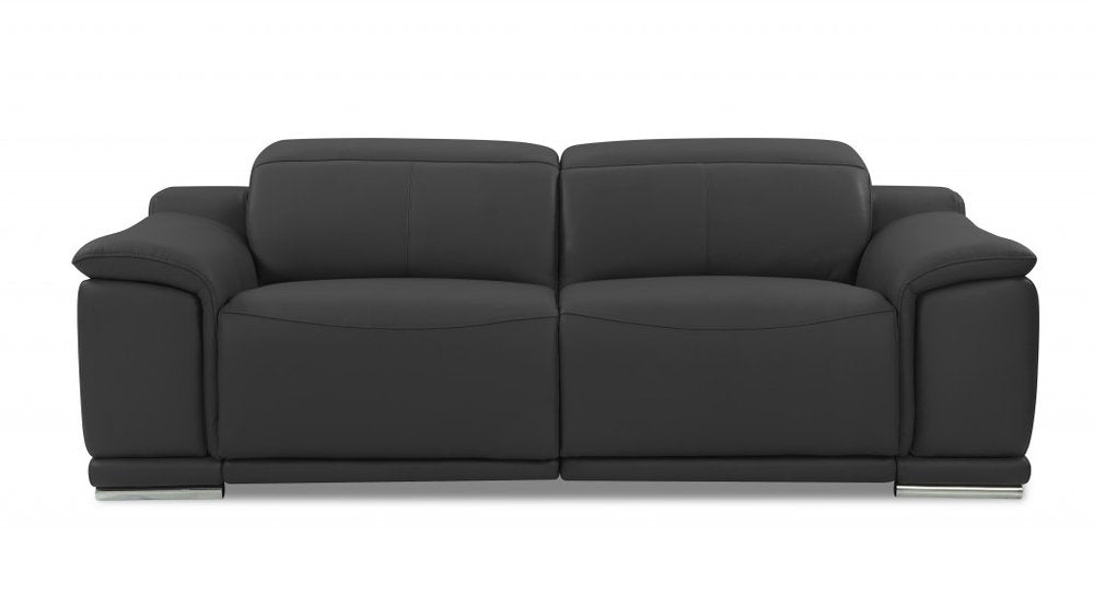 86" Dark Gray Italian Leather USB Reclining Sofa With Silver Legs HomeRoots