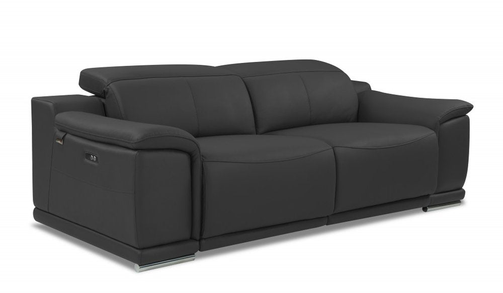 86" Dark Gray Italian Leather USB Reclining Sofa With Silver Legs HomeRoots