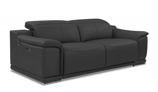 86" Dark Gray Italian Leather USB Reclining Sofa With Silver Legs HomeRoots