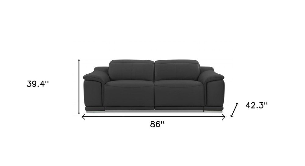 86" Dark Gray Italian Leather USB Reclining Sofa With Silver Legs HomeRoots