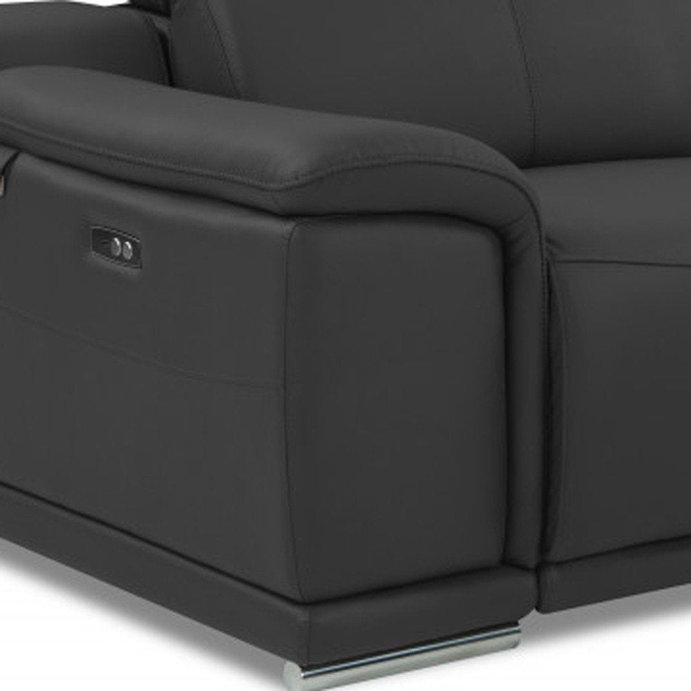 86" Dark Gray Italian Leather USB Reclining Sofa With Silver Legs HomeRoots