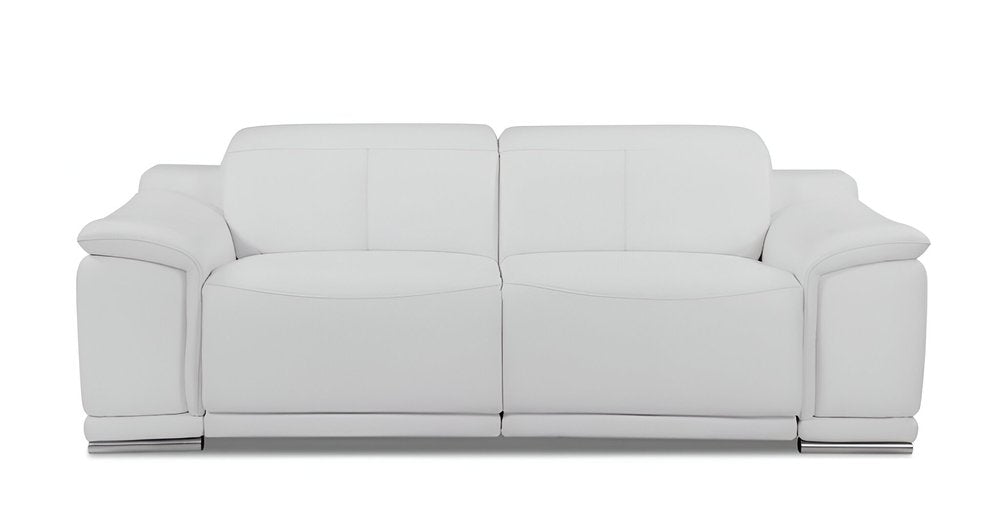 86" White Italian Leather USB Reclining Sofa With Silver Legs HomeRoots