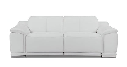 86" White Italian Leather USB Reclining Sofa With Silver Legs HomeRoots