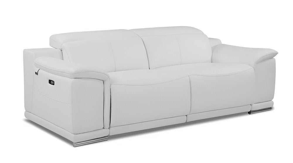 86" White Italian Leather USB Reclining Sofa With Silver Legs HomeRoots