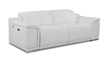 86" White Italian Leather USB Reclining Sofa With Silver Legs HomeRoots