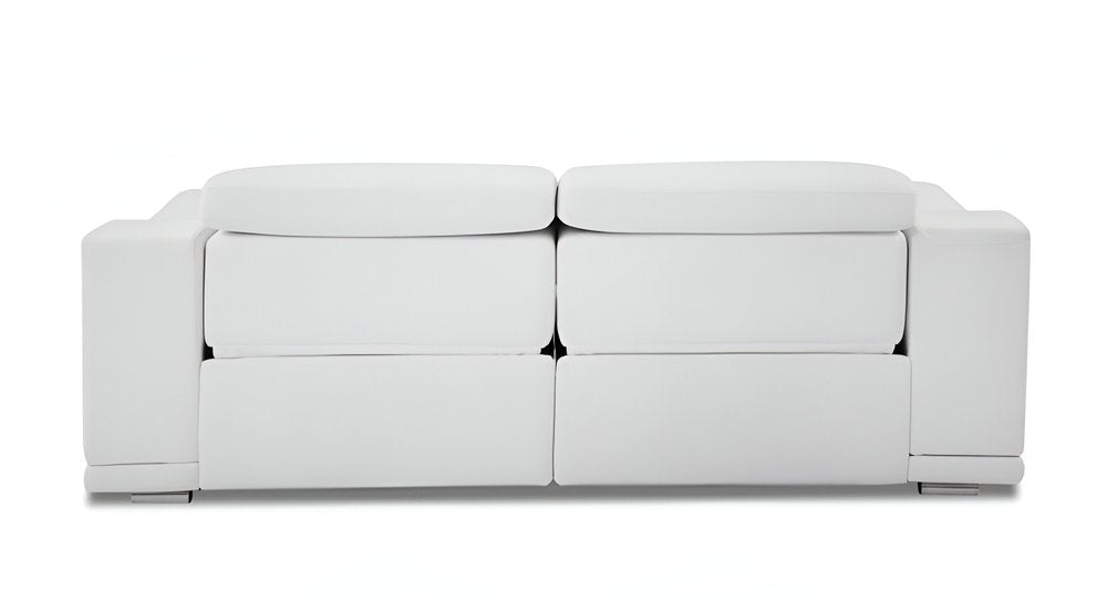86" White Italian Leather USB Reclining Sofa With Silver Legs HomeRoots
