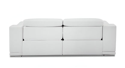 86" White Italian Leather USB Reclining Sofa With Silver Legs HomeRoots