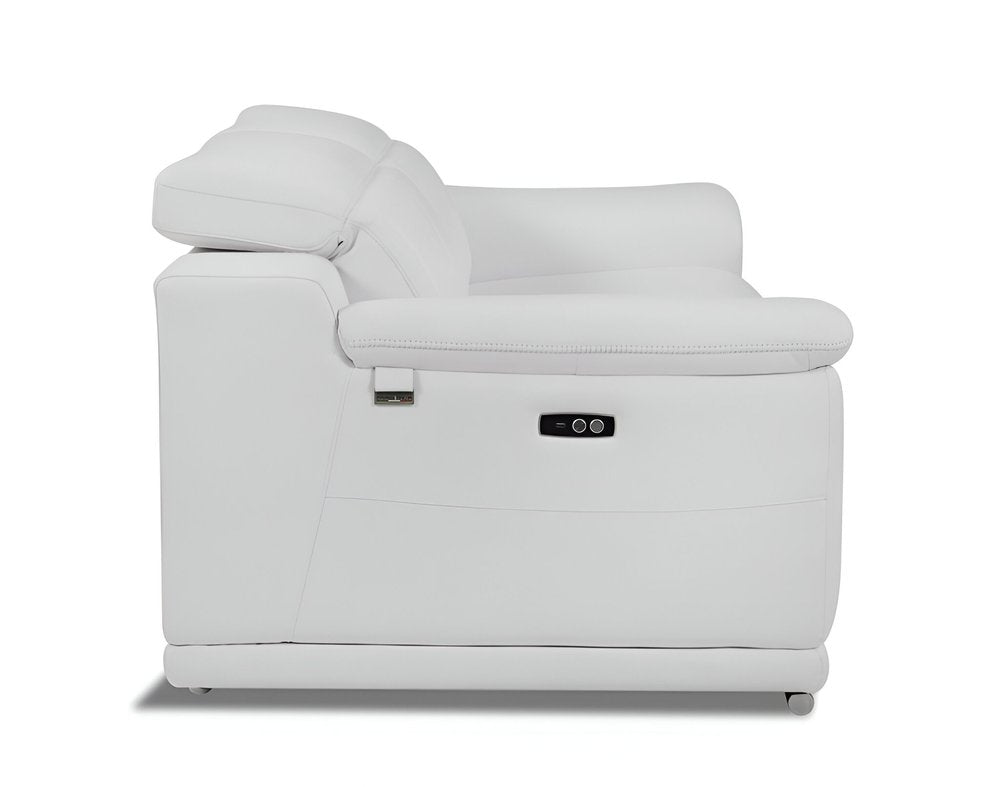 86" White Italian Leather USB Reclining Sofa With Silver Legs HomeRoots