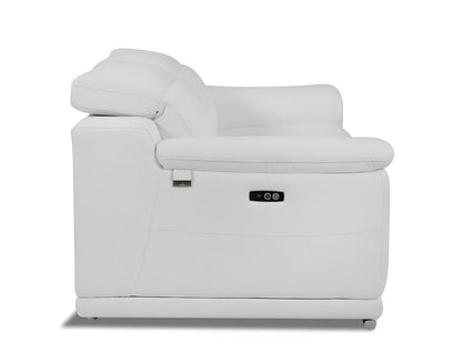 86" White Italian Leather USB Reclining Sofa With Silver Legs HomeRoots